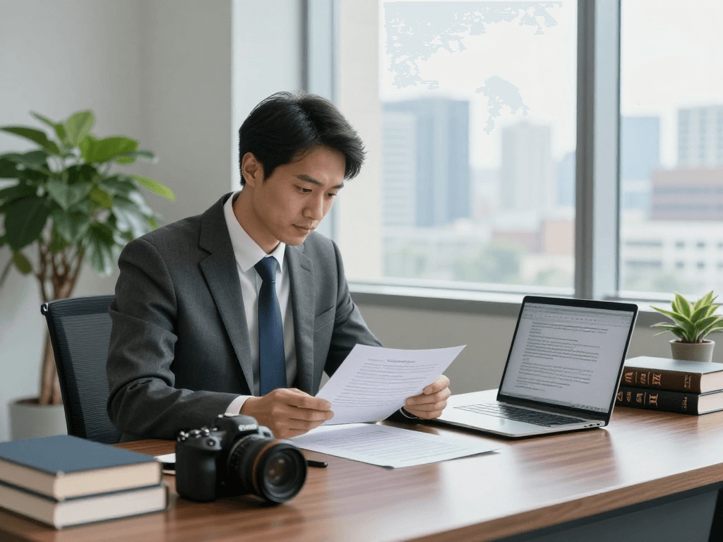 Lawyer reviewing case files in a modern legal office related to rokok88.