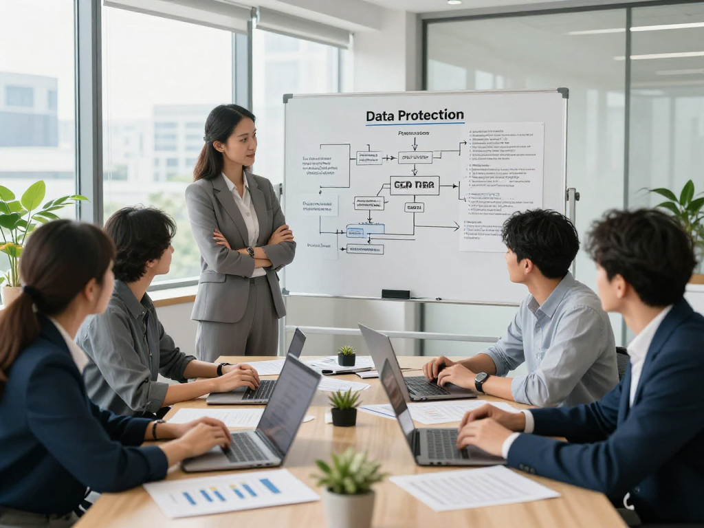 Surveying engineers collaborating on data protection strategies for Vermessungsbüros und ÖbVI in a modern office.