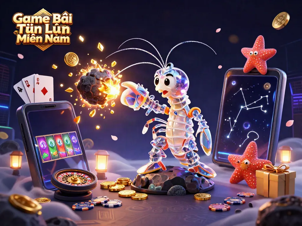 Experience the thrill of Game Bài Tiến Lên Miền Nam with a captivating 3D scene featuring animated characters and casino elements.