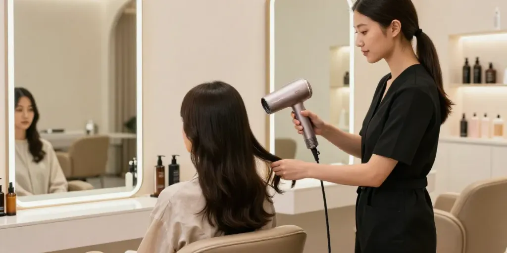 Stylist verwendet den Laifen Air Pro Haartrockner in einem modernen Salon mit warmem Licht.