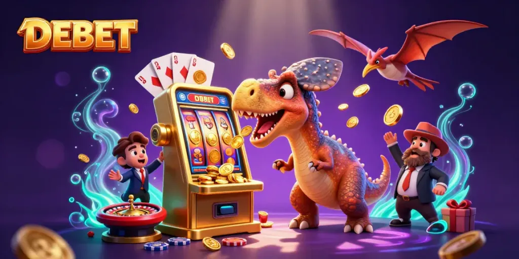 DEBET casino scene featuring a pachycephalosaurus winning jackpot coins and dramatic animations.