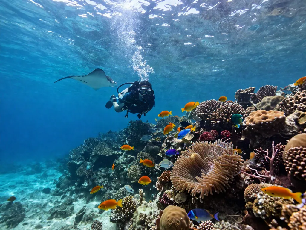 Cozumel tauchen: Taucher erkundet das bunte Korallenriff mit tropischen Fischen.