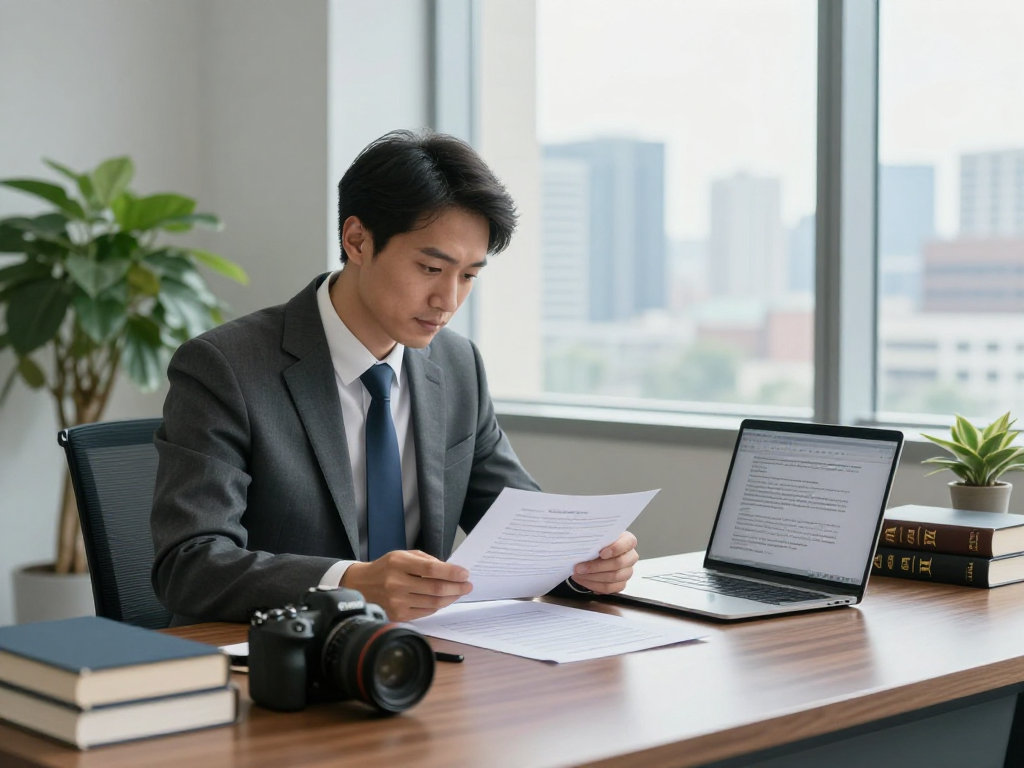 Lawyer reviewing case files in a modern legal office related to rokok88.
