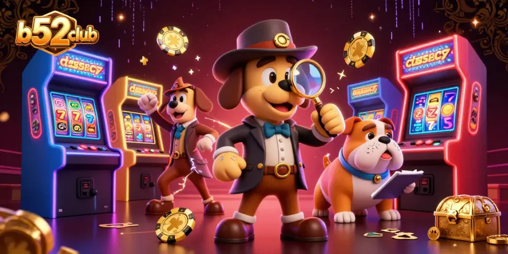 Engage in thrilling casino strategy with b52club, featuring a detective and bulldog in a vibrant gaming scene.