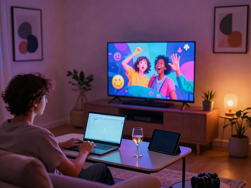 Engaged user in a sex chat setting enjoying a cozy evening with laptop and vibrant LED lights.