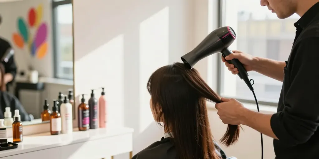 Professionelle Anwendung eines Ionen Haartrockners in einem modernen Friseursalon für glattes Haar.