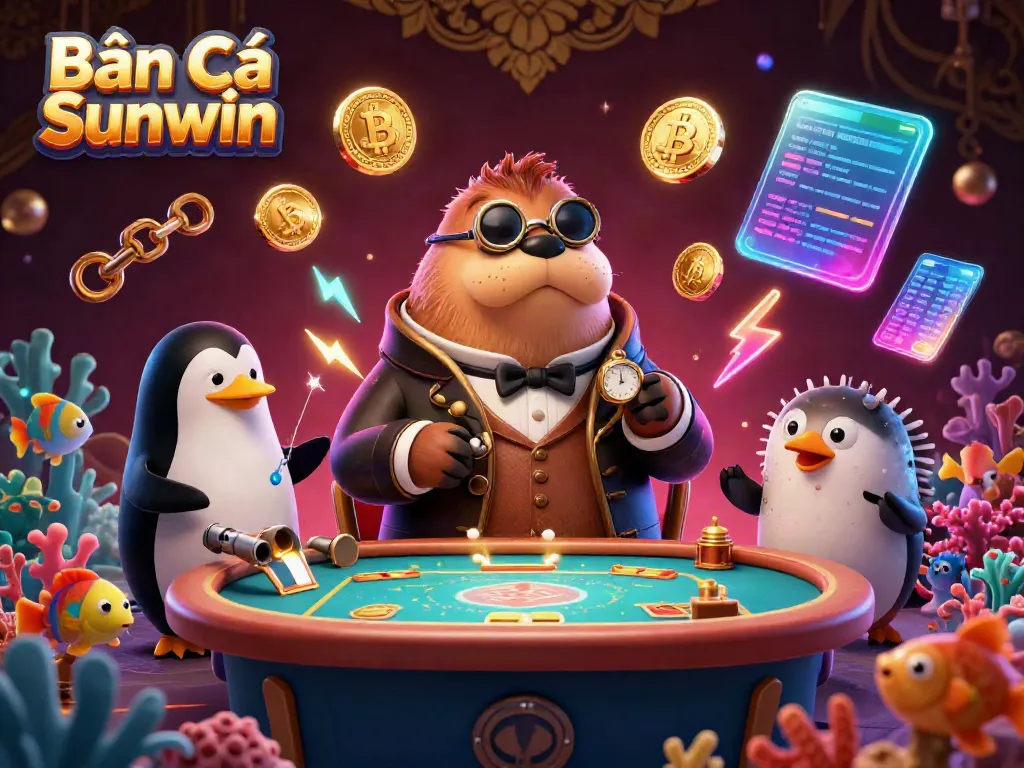 Experience Bắn Cá Sunwin with a jolly walrus and sophisticated players in a vibrant underwater casino.