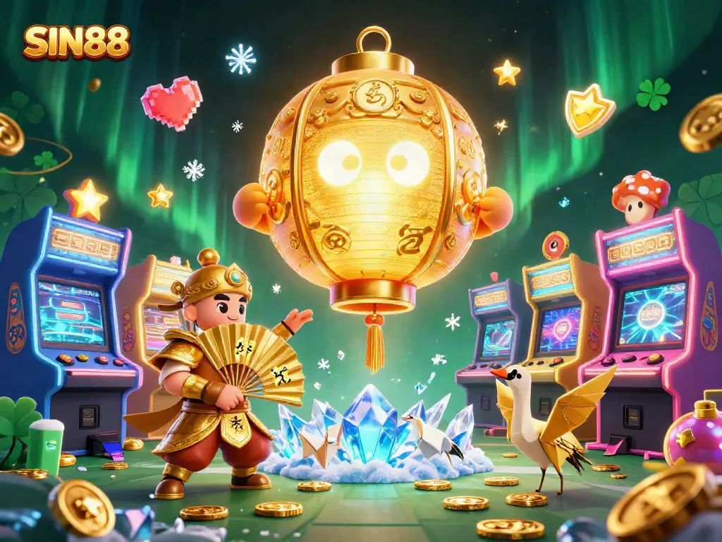 SIN88 showcases dynamic casino gaming with vibrant golden lantern spirits and interactive arcade elements.
