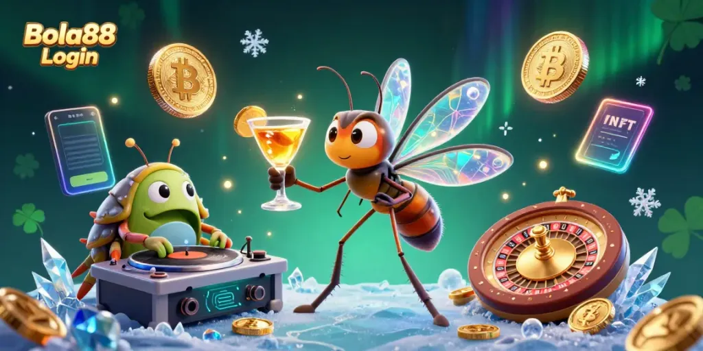 Bola88 Login offers exciting casino gameplay with a vibrant scene of animated characters and cryptocurrency elements.