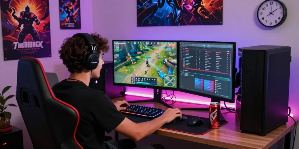 Engaged gamer using rokok88 super on a high-end PC setup in a vibrant gaming room.