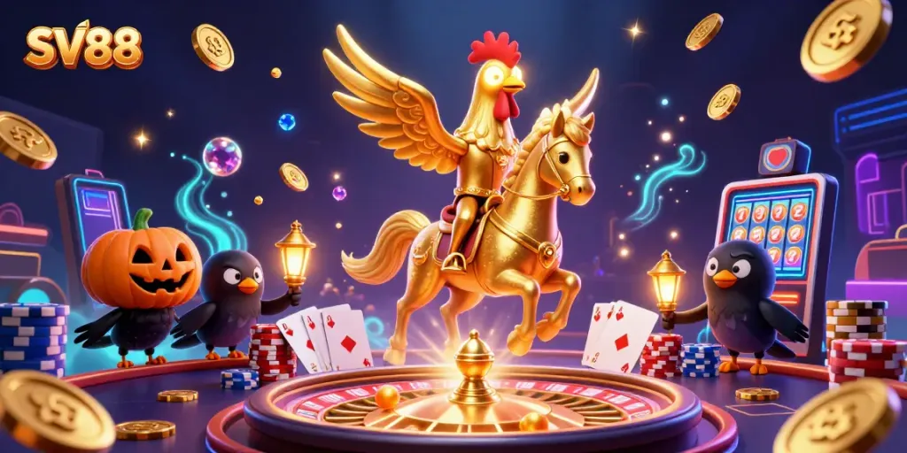 Experience the immersive casino world with SV88, featuring dazzling gaming elements and vibrant characters.