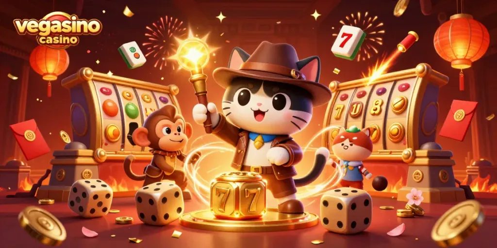 Engage in exciting gameplay at vegasino casino with vibrant slot reels and dynamic casino elements.